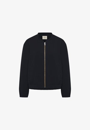Black bomber jacket with front gold zipper, elastic cuffs and hem, and a small collar, shown on white background.