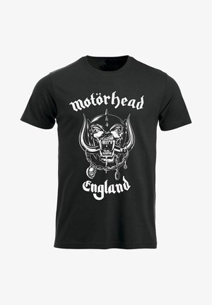 Černé bavlněné tričko s velkým bílým motivem lebky s rohy a řetězy, vedle textu "Motorhead" a "Anglie".