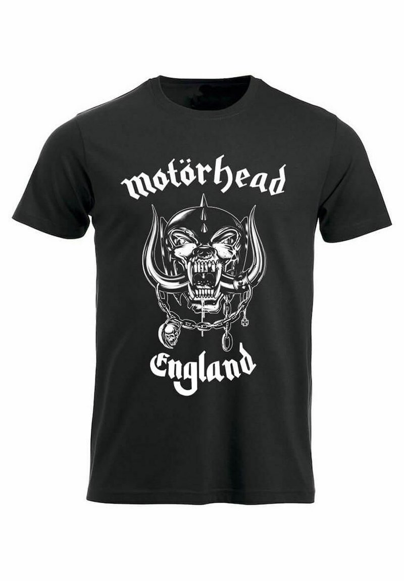 Svart bomull t-skjorte med et hvitt grafisk design av en skalle med horn og lenker, ledsaget av teksten "Motörhead" og "England."