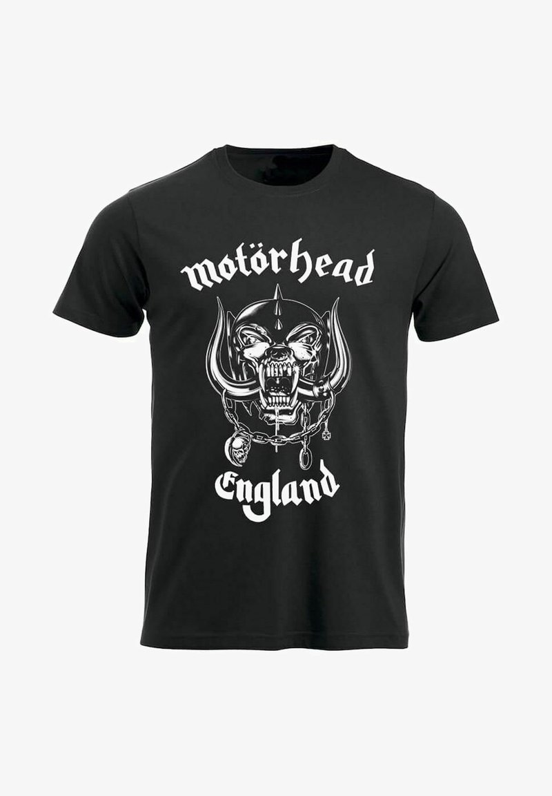 Svart bomull t-skjorte med et hvitt grafisk design av en skalle med horn og lenker, ledsaget av teksten "Motörhead" og "England."