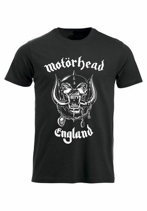 Sort bomulds T-shirt med et stort hvidt grafisk print af et kranium med horn og kæder, sammen med teksten "Motorhead" og "England."