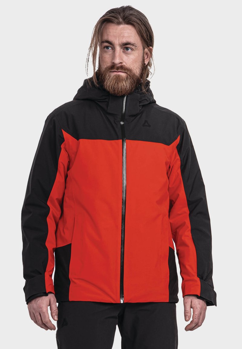 Herrenjacke, überwiegend rot mit schwarzen Akzenten, mit einem Reißverschluss vorne, Kapuze und einem Farbblockdesign. Hergestellt aus wetterbeständigem Material.