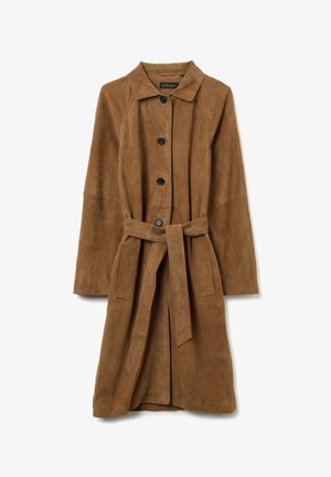 Brown suede trench coat with a collar, front buttons, two side pockets, and a matching belt. Features a soft texture and tailored design.