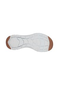 Semelle de chaussure en caoutchouc blanc avec une surface texturée. Présente un accent marron près du talon. Des motifs de semelle géométriques et ondulés sont visibles.