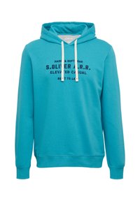 Türkisfarbene Kapuzenjacke mit Kordelzug, versehen mit einem schwarzen Drucklogo und Text auf der Vorderseite. Hergestellt aus weichem Material, mit gerippten Bündchen und Saum.