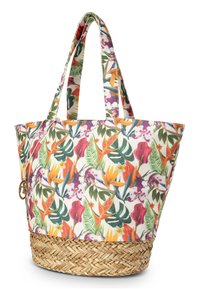 Sac fourre-tout à imprimé floral multicolore avec une base en paille tissée et des poignées en tissu doubles. Présente des feuilles vibrantes et des fleurs tropicales.