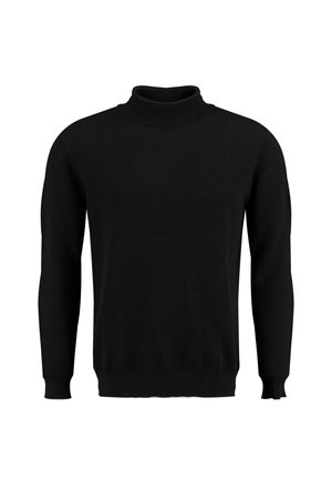 Pull noir à col roulé manches longues avec un léger motif texturé en maille et des poignets et un ourlet côtelés.