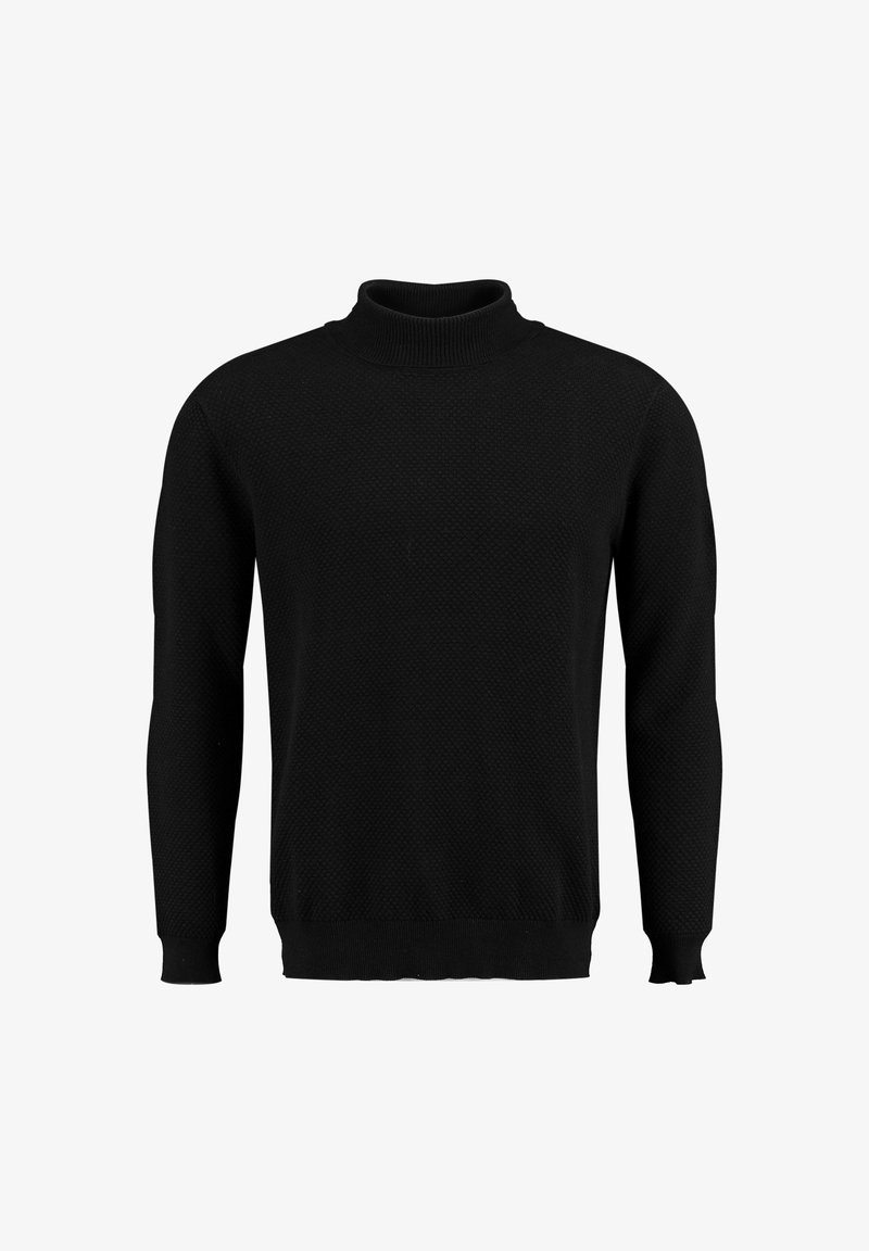 Pull noir à col roulé manches longues avec un léger motif texturé en maille et des poignets et un ourlet côtelés.