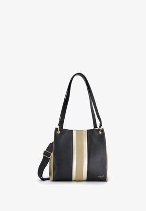 Czarna i beżowa torba na ramię o teksturowanym wykończeniu, z dwoma pionowymi złotymi paskami i złotymi detalami. W zestawie odpinany pasek.