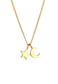 Collana in tonalità oro con due ciondoli: una stella e una luna crescente, entrambi con una finitura liscia e un aspetto lucido.