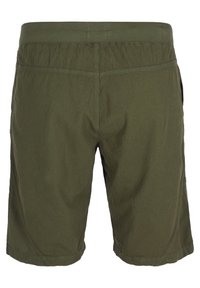 Shorts olive longueur genou avec ceinture élastique, vus de dos, sans poches ni logos visibles, fond uni.
