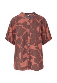 Korte mouwen blouse in roestkleur met abstracte donkerbruine patroon, voorzien van een Mandarin-kraag en gathered mouwen voor extra textuur.