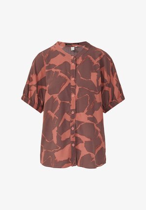 Kurzärmeliges Hemd in Rostfarbe mit abstraktem Muster in Dunkelbraun, ausgestattet mit einem Stehkragen und gerafften Ärmeln für zusätzliche Textur.