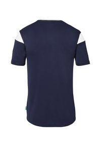 Mørkeblå kortærmet skjorte med hvide skulderdetaljer. Glat stof, rund hals og en almindelig pasform. Har et mærke på nederste venstre side.