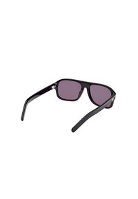 Black rectangular sunglasses with purple lenses and shiny plastic frames. Features sleek arms and subtle branding detail on the side.