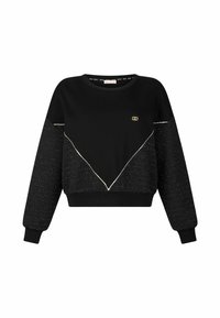 Zwarte langwerpige cropped sweatshirt met textuurstof op de mouwen en onderste voorkant, witte afwerking en klein goudkleurig logo op de borst.