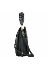 Sac à main en cuir noir avec une finition texturée, dotée d'une anse tressée, de quincaillerie dorée et d'une bandoulière réglable.