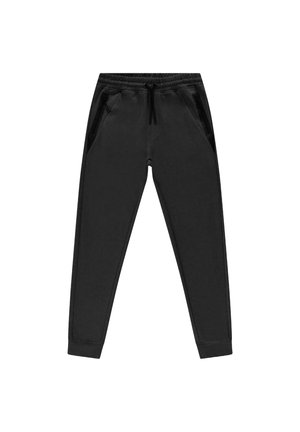 Zwarte joggers gemaakt van zachte stof met een taps toelopend ontwerp, elastische tailleband en twee zijzakken met rits. Gladde textuur met geribbelde manchetten.