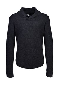 Czarnoszary sweter dzianinowy z dekoltem typu cowl, długimi rękawami oraz ściągaczami na mankietach i dole. Miękka tekstura, casualowy design.