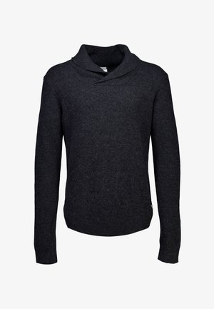 Dark gray knit sweater with a cowl neckline, long sleeves, and ribbed cuffs and hem. Soft texture, casual design.
