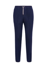 Mörkblå, lätta linbyxor med en avslappnad passform, elastisk midja och dragsko-detalj. Har två sidofickor och avsmalnande ben.