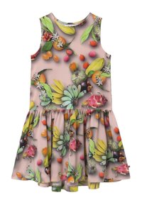 Hihaton lasten mekko pehmeästä kankaasta, jossa on leikkisä hedelmäkuviointi eloisilla väreillä vaaleanpunaisella taustalla.