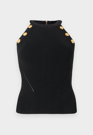 Mustast soonikkoega varrukateta top kõrge kaelusega, kahel õlal kuue kuldse dekoratiivse nupuga ja tagaküljel lukk.