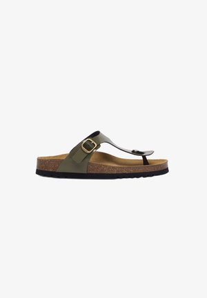 Sandale flip-flop olive avec une bride noire brillante, semelle en liège et semelle arrondie. Présente un accent de boucle en métal sur la bride.