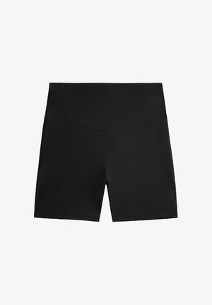 Schwarze Shorts aus glattem, elastischem Stoff. Sie haben einen hohen Bund und ein figurbetontes Design, mit klaren Linien und ohne sichtbare Verzierungen.