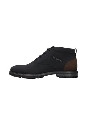 Black leather lace-up ankle boot with brown heel detail and thick sole, side embossed with "bugatti" logo.