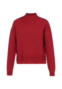 Pulover roșu tricotat cu guler înalt, având o suprafață texturată și broderii subtile pe partea superioară din față. Cropped, cu un fit relaxat.