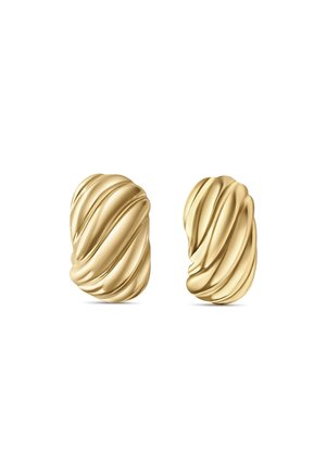 Goldfarbene Ohrringe mit einem verdrehten, strukturierten Design, das glatte und gerillte Bereiche aufweist und eine abstrakte Form mit glänzender Oberfläche präsentiert.