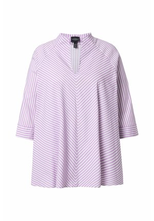 Tunika s dlouhými rukávy, s diagonálními pruhy ve fialové a bílé barvě, výstřihem do V a manžetovými rukávy.