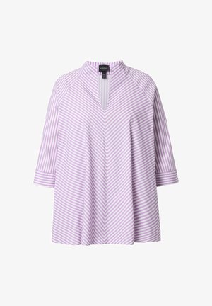 Tunica a manica lunga con righe diagonali lavanda e bianche, scollo a V e maniche con polsini.