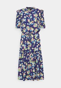 Květinové šaty střední délky v námořnické modré barvě, s knoflíkovou přední částí, krátkými puff rukávy a sukni s volánky a nařaseným pasem.