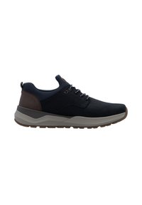 Chaussures pour hommes avec un dessus noir, des accents marron, un système de laçage, un col rembourré et une semelle intermédiaire gris clair. Adaptées pour un usage décontracté.