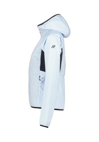 Giacca azzurra chiara con cappuccio, dettagli neri sulle spalle e tasche laterali con zip. Presenta polsini elasticizzati e una superficie liscia e lucida.