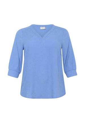 Light blue blouse with a V-neck, three-quarter sleeves, and soft texture. Features gathered accents at sleeve cuffs.