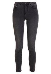 Jeans skinny negros de cintura alta hechos de denim. Incluye cinco bolsillos, un cierre delantero con botón y una textura suave.