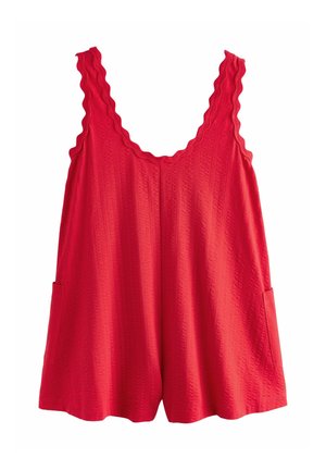 Red sleeveless romper with scalloped edges on straps and side pockets, featuring textured fabric and a relaxed fit.