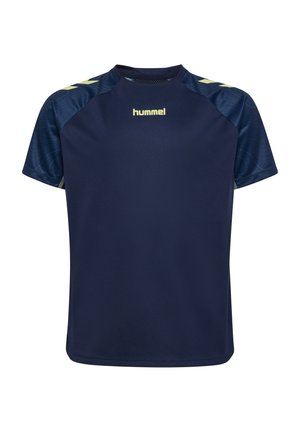 Donkerblauw sportshirt met korte mouwen, voorzien van een gestructureerd ontwerp op de schouders en een geel logo in het midden.