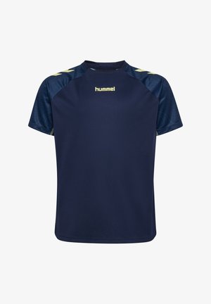 Marineblaues Sportshirt mit kurzen Ärmeln, mit einem strukturierten Design auf den Schultern und einem gelben Logo in der Mitte.