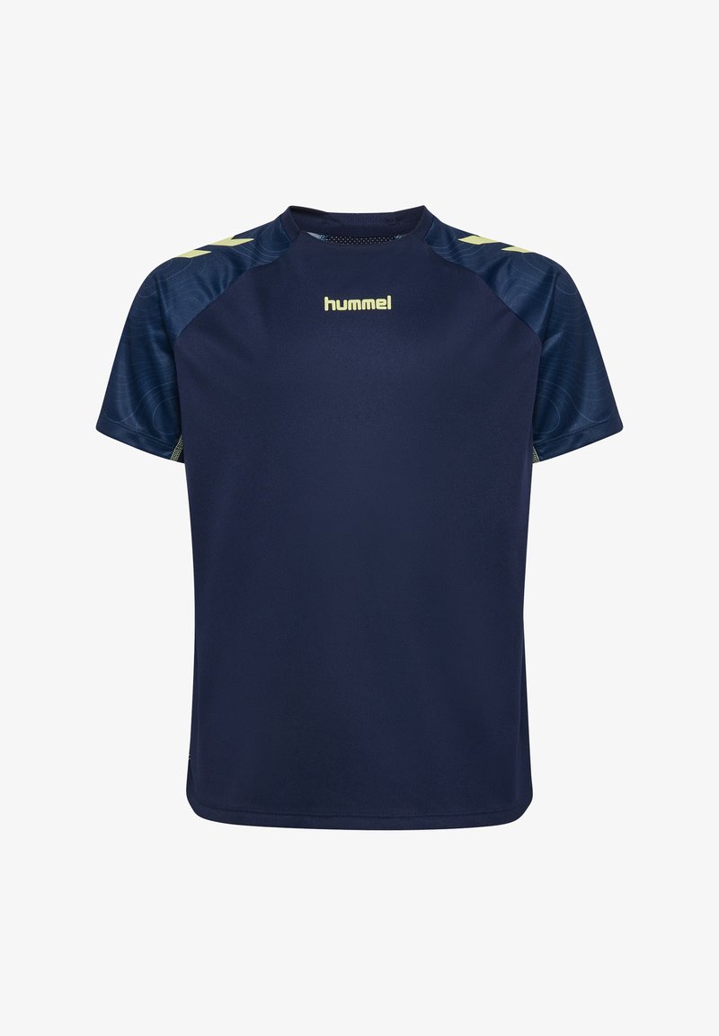 T-shirt de sport bleu marine à manches courtes, avec un design texturé sur les épaules et un logo jaune au centre.