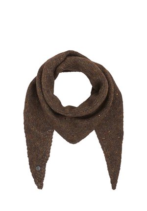 Brown knitted triangular scarf with speckled details and a small round metal logo on one pointed end.