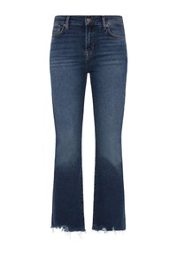 Ciemnoniebieskie dżinsy typu dzwony z wysokim stanem, z efektem wyblaknięcia i surowym wykończeniem. Klasyczny design z pięcioma kieszeniami i metalowymi guzikami.