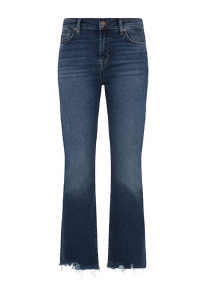 Dark blue denim flared jeans with a high waist, featuring a faded effect and raw hem. Classic five-pocket design with metal button accents.
