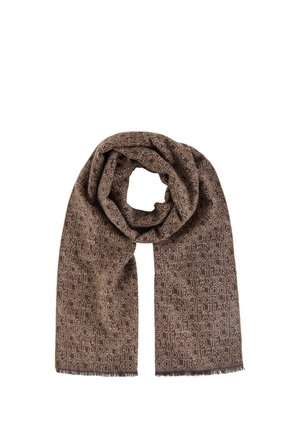 Sciarpa marrone con motivo di testo ripetuto "JOOP! JEANS" in marrone più chiaro, piegata e mostrata su sfondo bianco.