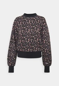 Zwarte bloemen sweatshirt met een ronde hals, ribgebreide manchetten en tailleband. Bevat een patroon van kleine roze en witte bloemen op een donkere achtergrond.