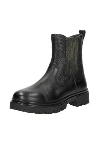 Zwarte chelsea enkelboot van gestructureerd leer, met elastische zijpanelen en een chunky rubberen zool voor grip en duurzaamheid.