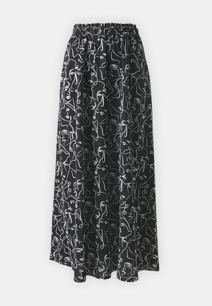 Maxi skirt featuring an elastic waistband, black fabric adorned with white abstract line drawings, and a flowing, textured design.